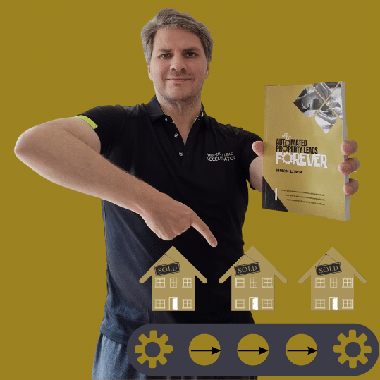 Simon hold a copy of Automated Property Leads Forever and poing down to a conveyor belt of sold homes.
