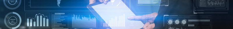 Man holding a tablet with an overlay of various analytics.