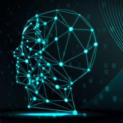 Series of green dots connected to make polygons in the shape of a head representing AI On a futuristic background.