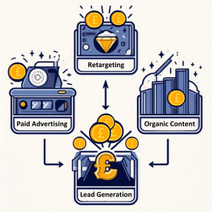 2 machines - paid advertising and organic content feeding into a quality property lead generation machine with a retargeting machine above taking the lead info for nurturing.