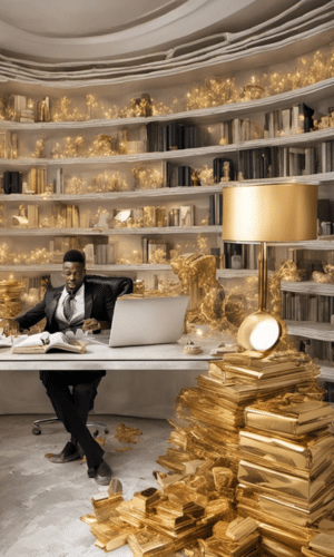 Man in a posh study surrounded by a stack of gold book representing his content goldmine.