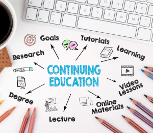 Continuous Education written on a desk in front of a keyboard and next to a cup of coffee.
Arrows branch out to:
Goals
Tutorials
Learning
Video Lessons
Online Materials
Lecture
Degree
Research