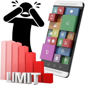 An oversized mobile phone next to a stressed out stick man with a red bar chart all in red with "limit" captioned at the bottom.