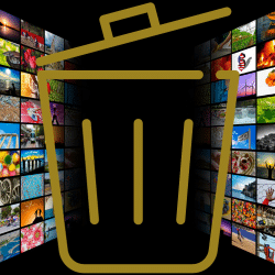Two walls of video clips left & right of picture fading to infinity with an overlay of a gold trash can.