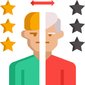 A difference of opinion represented by a 1/2 a young man (left) and 1/2 an old man (right) joined in the middle. The agent (left) is thinking 3 stars and the client (right) is thinking no stars. 
