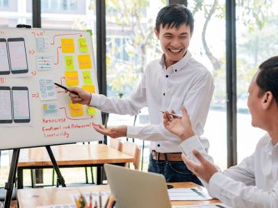 2 guys discusing their mobile UX strategy in the office with details on a collage / white board.