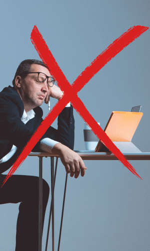 Man falling asleep reading boring content with a red cross over the image.