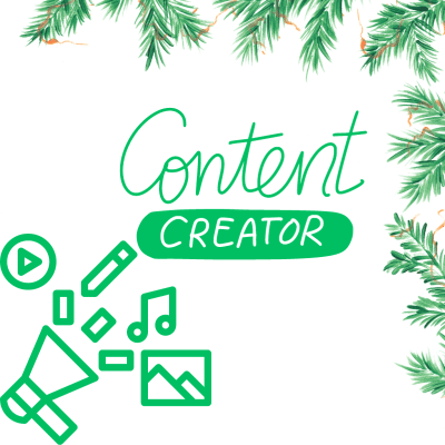 A megaphone shouting about various content types with "Content Creator" as the focus keyword - all in green to represent evergreen content