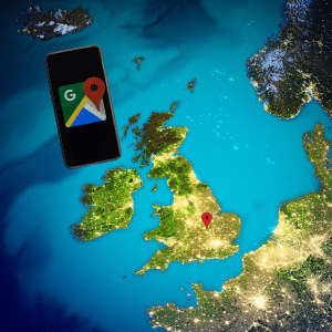 A mobile with Google Maps Logo transposed over a map of the UK with a matching location pin in the northern home counties.