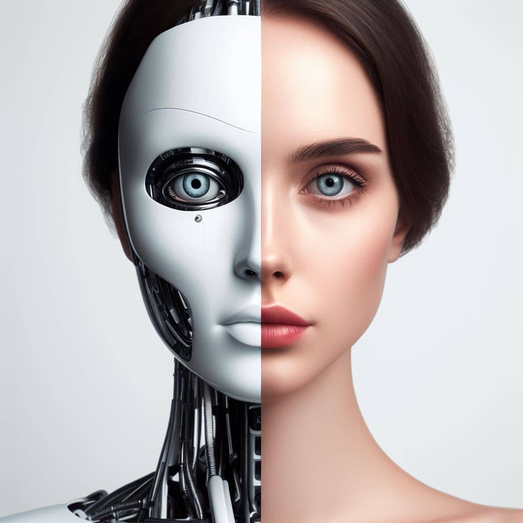 A female face split vertically into human and AI. The left AI side show a plastic skeleton and underlying mecahnisms sybolising human vs computer.