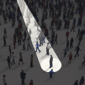 One man amongst a crowd is highlight by an unseen spotlight, beaming down a bright white column of light from above.