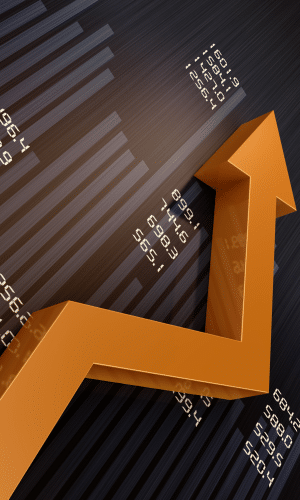 An arrow showing and upwards trend over numbers on a digital background.