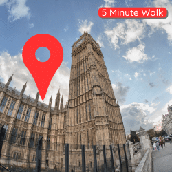 Houses of Parliament with a red google pin above and a red note saying "5 Minute Walk".