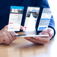 Man holding phone with 3 holographic screens projected above suggesting long form content.