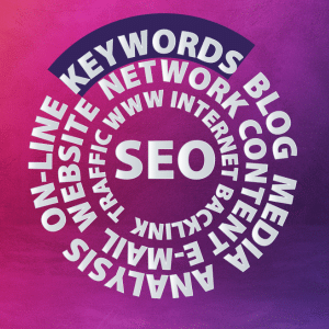 Three rings of words related to SEO which has the Keywords highlighted at the top of the outer ring of words.