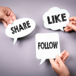 Social Engagement - Share,like, and follow speech bubbles held by 3 people from different angles, hands showing only