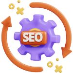 A cog labelled SEO with 2 arrows curved around to form a circle.