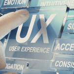 A finger pressing a large User Experience button amongst other marketing buttons.

