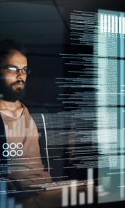 Man typing a very long post on a holographic screen.
