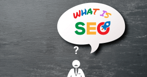 WHAT IS SEO in a speech bubble with stick man looking confused underneath.