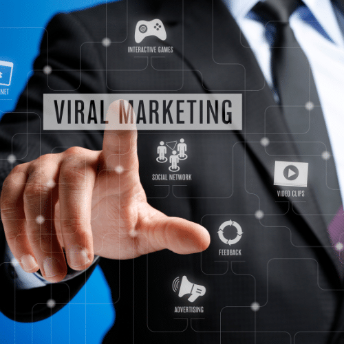 Man pressing a virtual marketing button on a virtual screen.