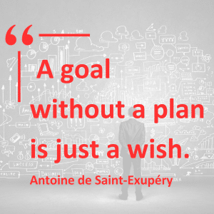 Quote in Red Text:  “A goal without a plan is just a wish,” - Antoine de Saint-Exupéry over a background of a man with a large plan on a wall.

