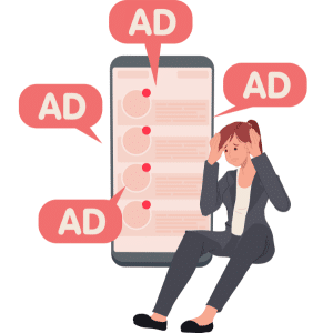 Large picture of a phone with lots of ads and a cartoon lady sitting with head in hands looking stressed.