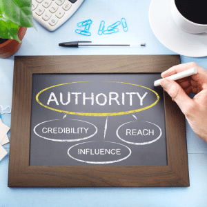 Authority chalked on a small board on a work desk.
3 subcategories are chalked and circled underneath:
Credibility
Influence
and Reach.