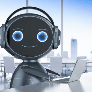 A robot sitting at a laptop in a furuistic office talking to people online.