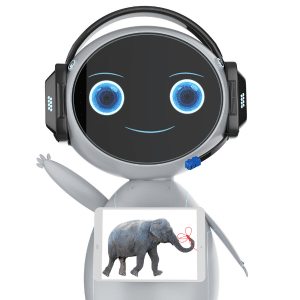 Picture of chatbot as a robot with a screen on his chest.
The screen has a picture of an elephant with a red ribbon tied in a knot on the end of his trunk.