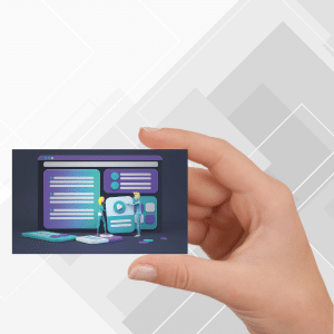 A hand holding a business card with a representation of a website on it - over a light grey digital background.