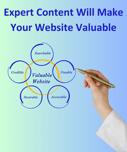 Expert content will make your website valuable diagram.
Valuable website circled in the centre with Searchable, Useable, Accessible, Desirable, and Credible in surrounding circles.
