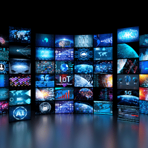 Lots of screens with difference content represeting a large online presence.