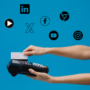 A credit card being swiped on a card machine - Social Media Logos Above