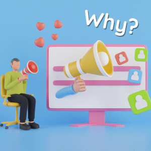 A man sitting on a chair with a megaphone and a screen with content and a megaphone promoting his content. A big "Why?" is being asked above the screen.