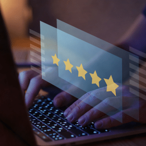 Reputation - a holographic screen over a keyboard showing 5 stars.