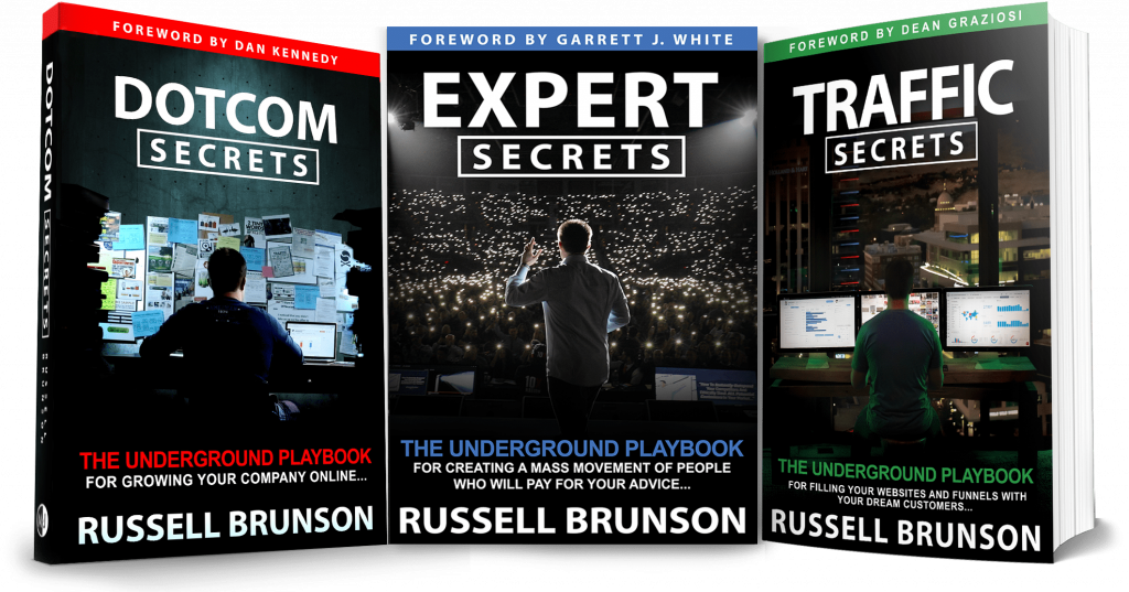 Image of Russells 3 books
Dotcom, expert, and traffic secrets.