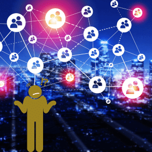 Golden stick man looking confused at a social network.