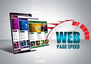 Web pages on a tablet in 3D with Web Page Speed in front of a speedo.
