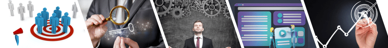 A banner made up of the 5 steps to understand your target audience, conducting keyword research, optimising your content, improving your site structure, and monitoring your progress