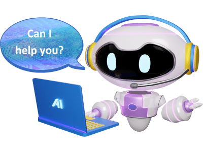 An AI assistant on a laptop with a headset asking "Can I help you?".