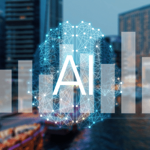 The word AI in a digital cloud in front of a city of skyscrapers. AI is everywhere.