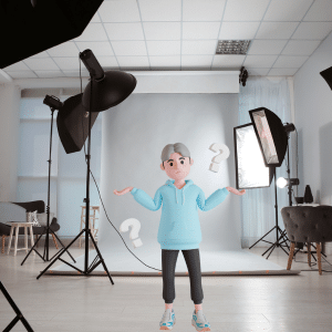 Cartoon man in a professional photo studio hold his hands up in confusion and sorrounded by questionmarks.