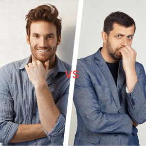 A confident guy vs a slightly nervous looking guy.

Represents the different between an agent who's not worried if a client will buy or not vs one who has no other leads.