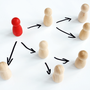 Delegate.
I red leader represented by a person shaped peg delegating to 3 subordinate people pegs who pas onto others.