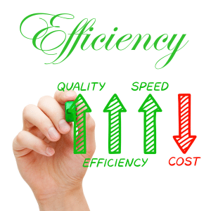 Efficiency written in a stylish script.
A hand below is drawing a chart in green showing quality and speed going up with a red arrow showing cost going down.