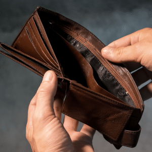 No work, no money. A picture of an empty wallet.