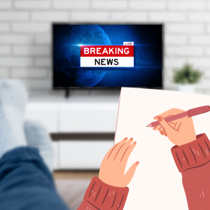 Somebody taking notes in front of the TV with "Breaking News" showing.