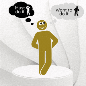 Stick man thinking between what he must do and what he wants to do. He is looking towards what he wants to do and smiling.