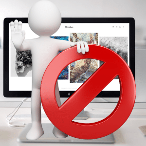 Picture of a website on a screen with stick man holding a no entry sign and putting his hand up saying stop.

Represents not allowed to post on the company website.